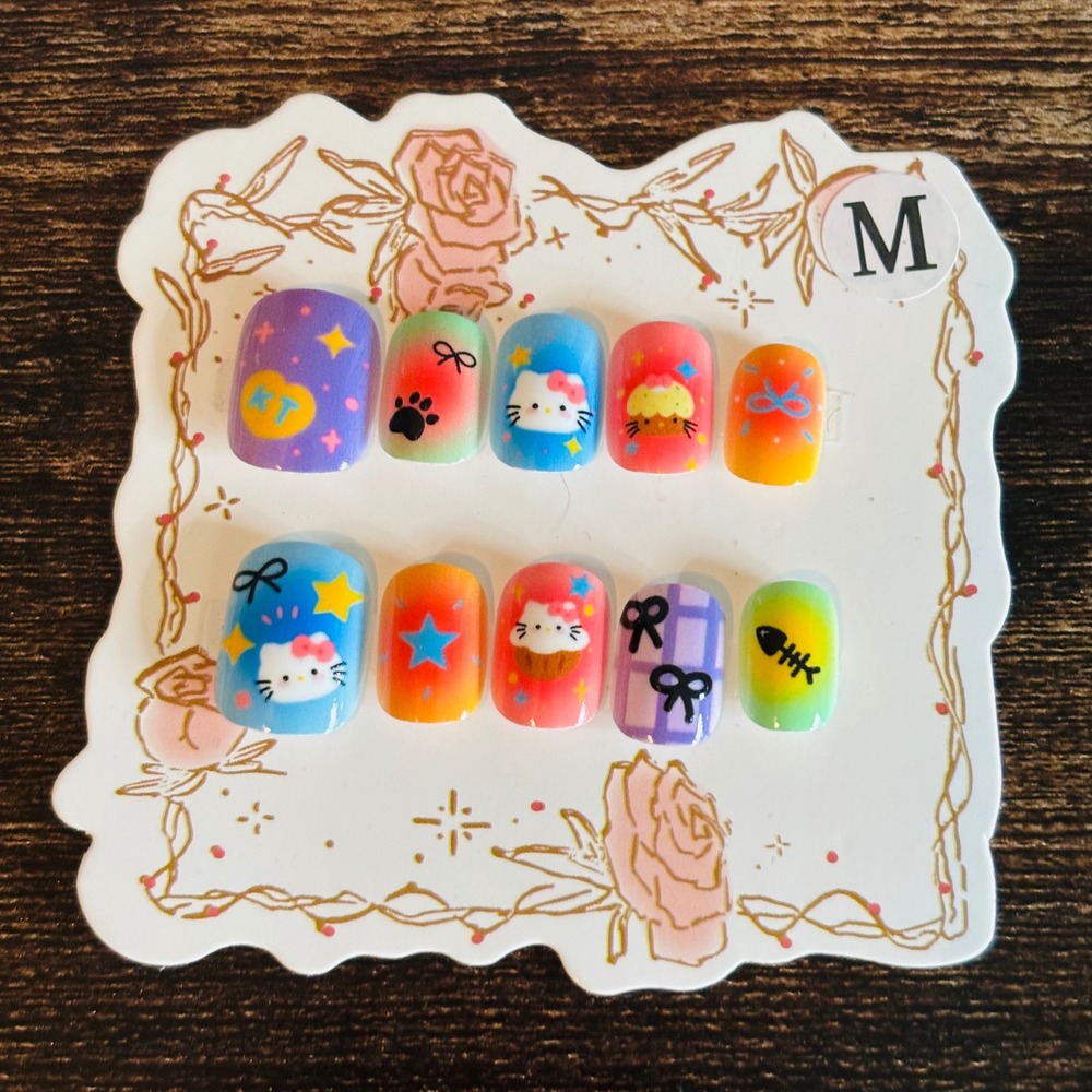 Hello Kitty Press On Nails Short Square Colorful Kawaii Character Set Size M